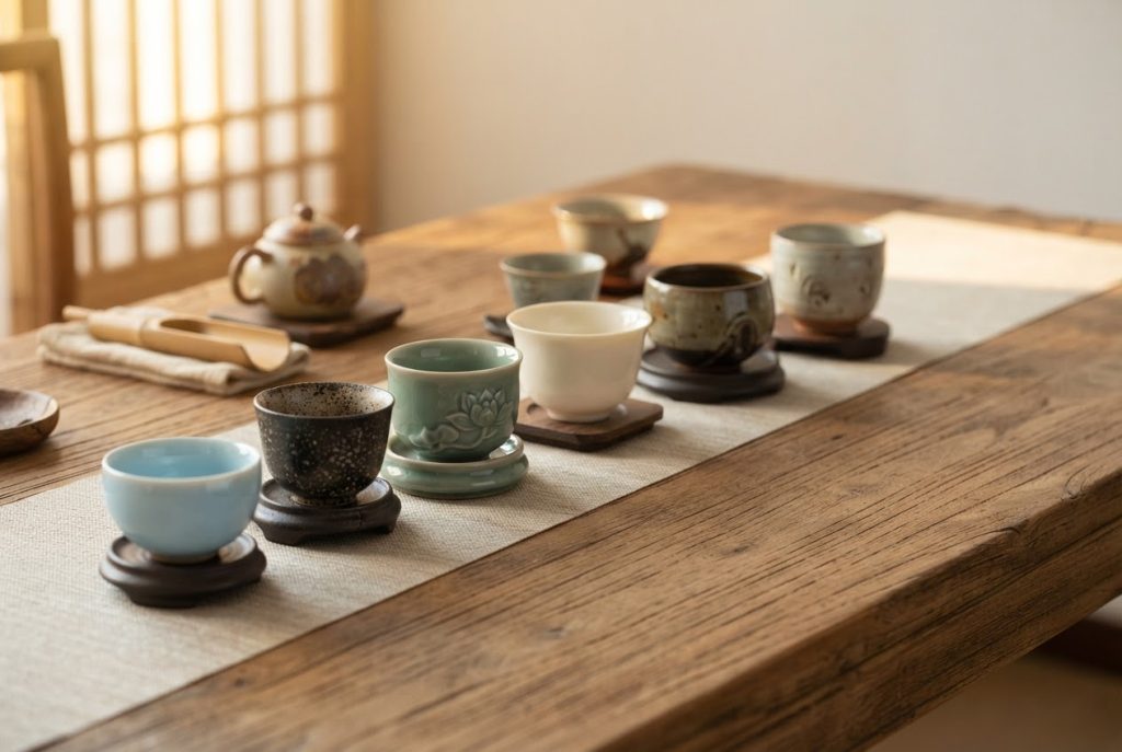 中式茶席上陈列多只陶瓷主人杯